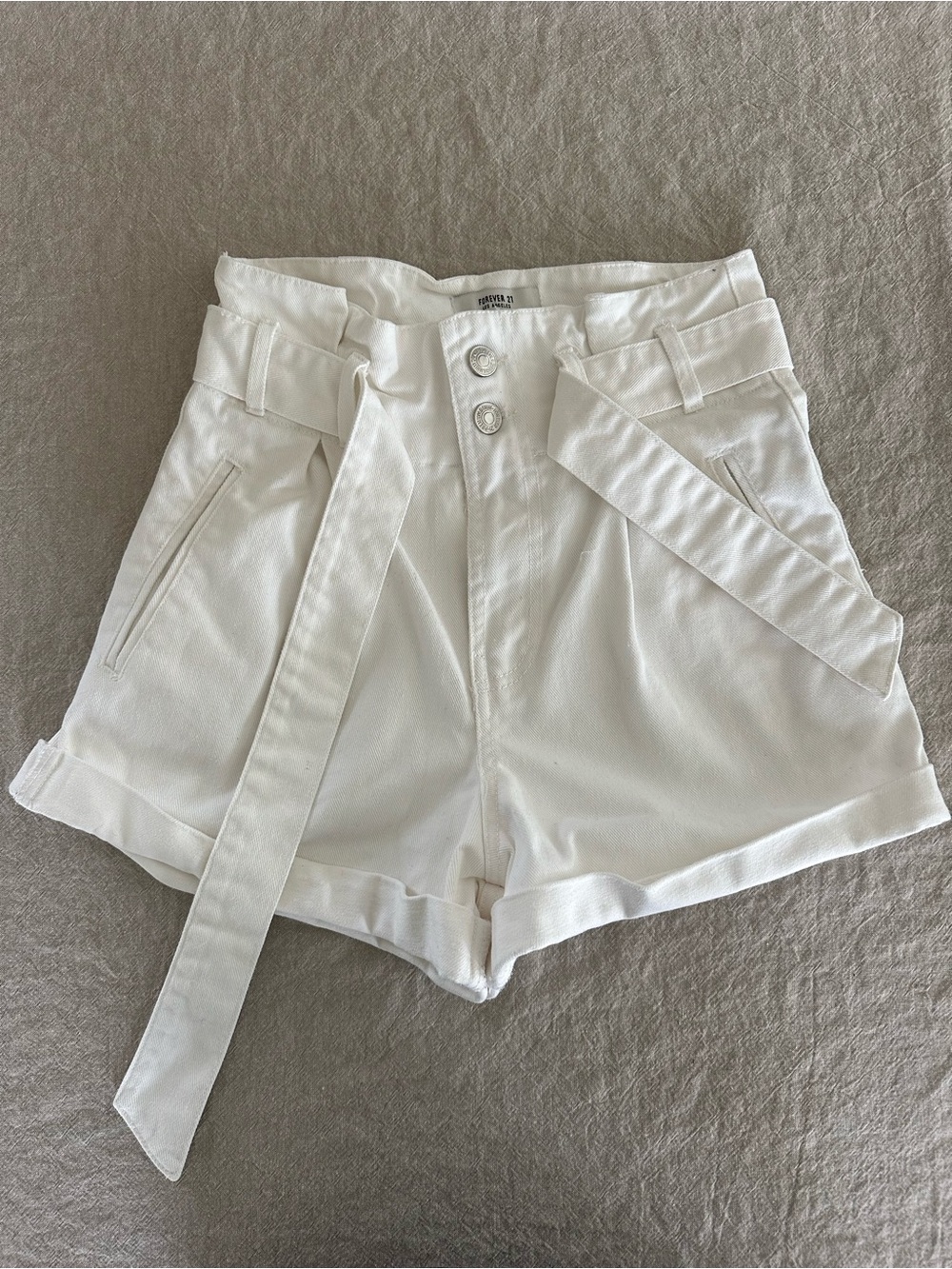 High-Waist White Denim Belted Shorts